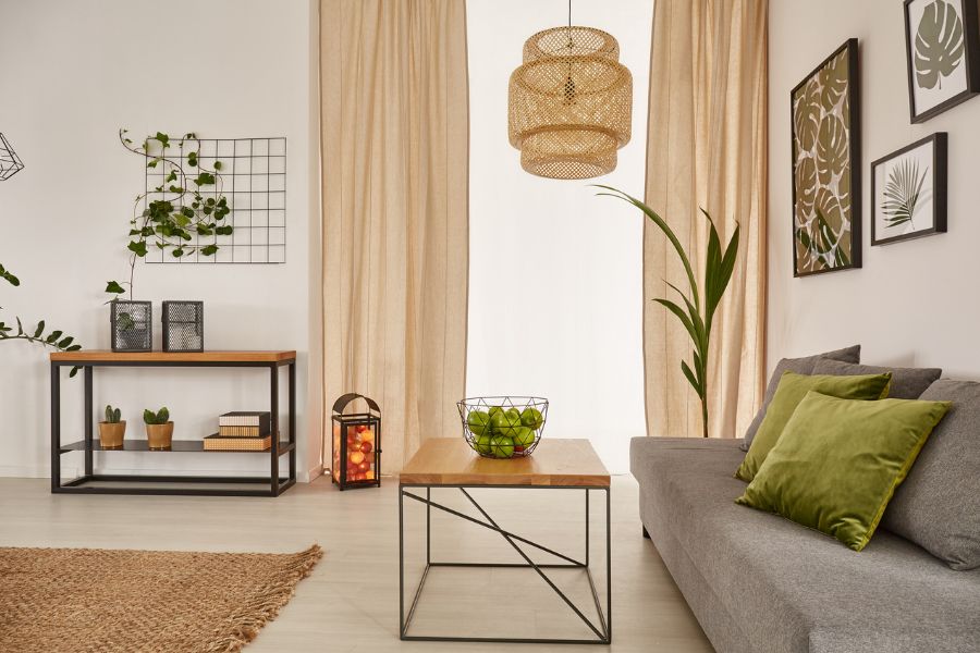 Modern minimalist living room with neutral tones and no clutter
