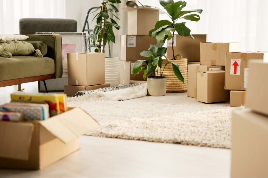 Furniture and boxes packed in a room during a house move