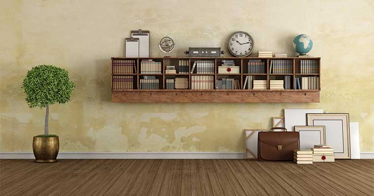 Vintage living with wooden bookcase